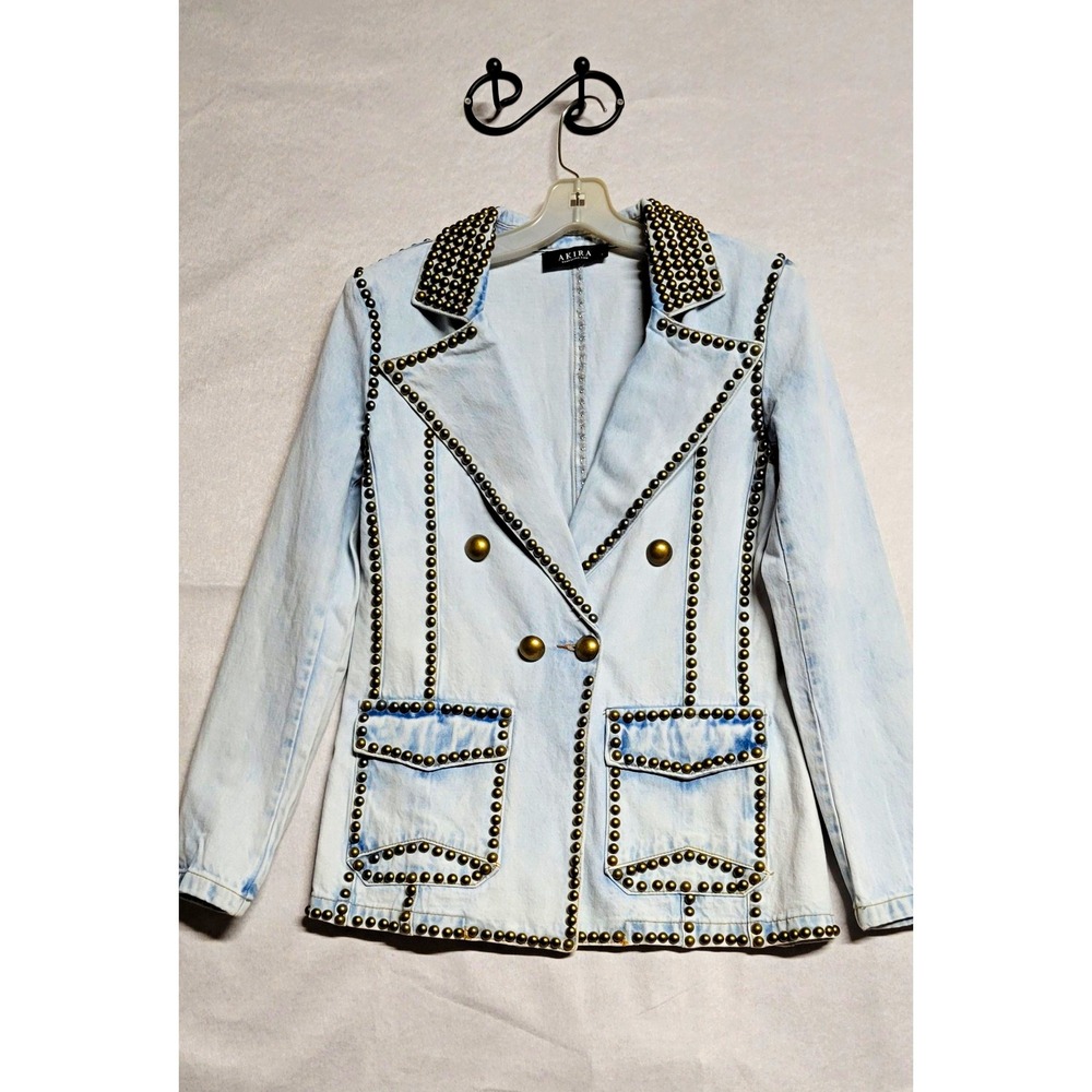 AKIRA Light Blue Studded Button Front Denim Jacket w/ Pockets Short Size S